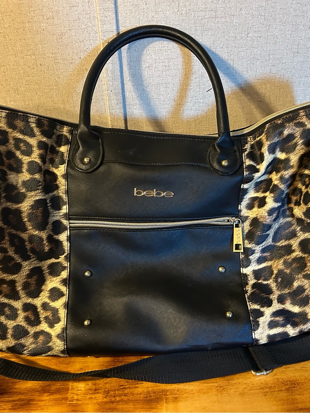 bebe Black Tote with Leopard Side Panels (read description)